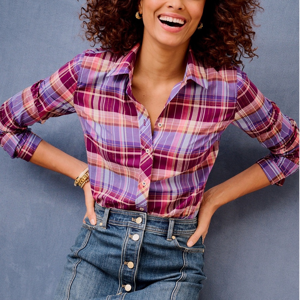 TALBOTS X (XL) COTTON BUTTON FRONT SHIRT FABULOUS PLAID Pink Purple metallic